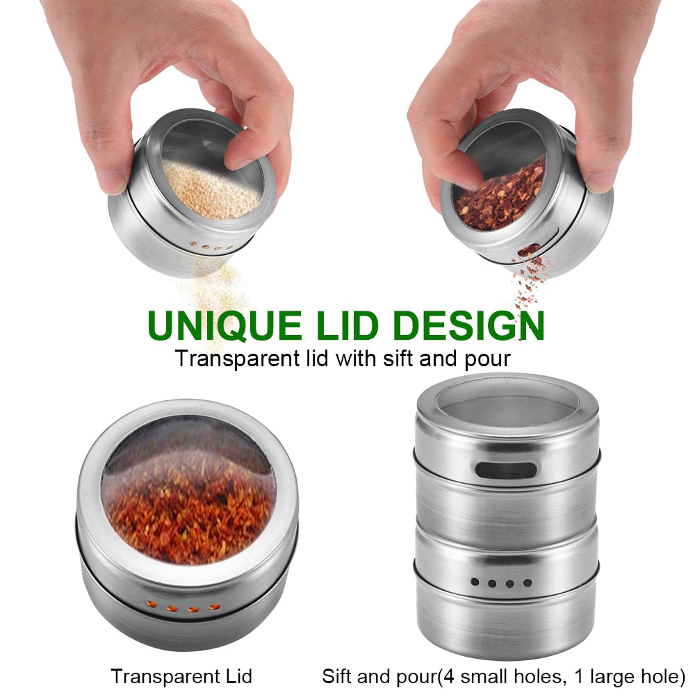 Magnetic Spice Jar Set With Stickers Stainless Steel Spice Tins Spice Storage Container Pepper Seasoning Sprays Tools Spice Jar