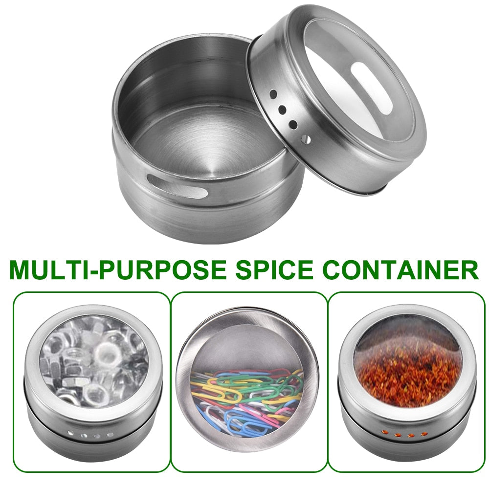 Magnetic Spice Jar Set With Stickers Stainless Steel Spice Tins Spice Storage Container Pepper Seasoning Sprays Tools Spice Jar