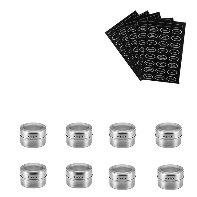 Magnetic Spice Jar Set With Stickers Stainless Steel Spice Tins Spice Storage Container Pepper Seasoning Sprays Tools Spice Jar