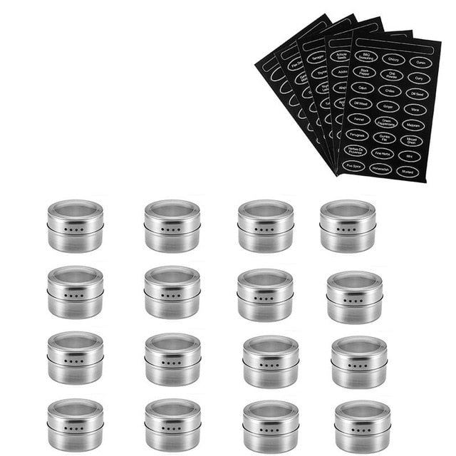 Magnetic Spice Jar Set With Stickers Stainless Steel Spice Tins Spice Storage Container Pepper Seasoning Sprays Tools Spice Jar