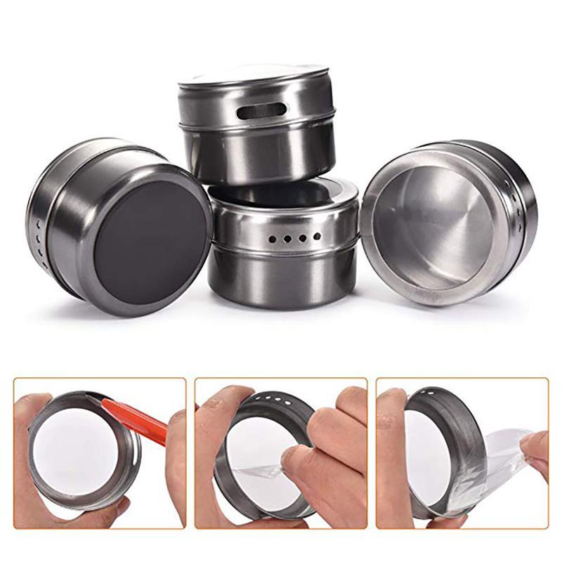 Magnetic Spice Jar Set With Stickers Stainless Steel Spice Tins Spice Storage Container Pepper Seasoning Sprays Tools Spice Jar